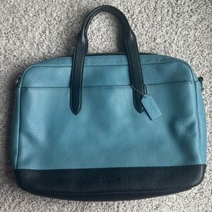 Coach Men’s Teal Black Luxe Hamilton Leather Laptop Bag Briefcase Work Office